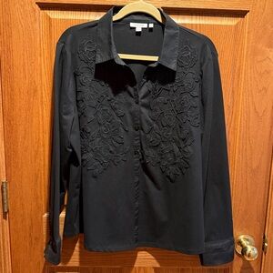 Chico's Black button down top with embroidery embellishment.